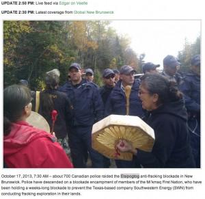 17. Oktober 2013, 7:30 Uhr: Etwa 700 Polizisten marschieren gegen die friedlich protestierenden Mi'kmaq auf. (New Brunswick) (Foto: Daily Kos)